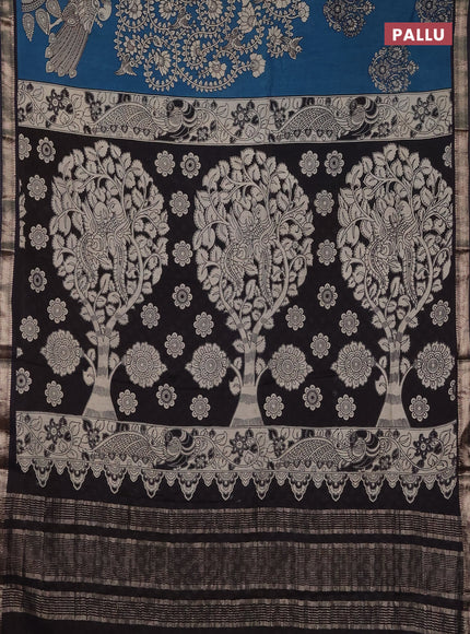 Muslin silk saree cs blue and black with allover kalamkari prints and zari woven border
