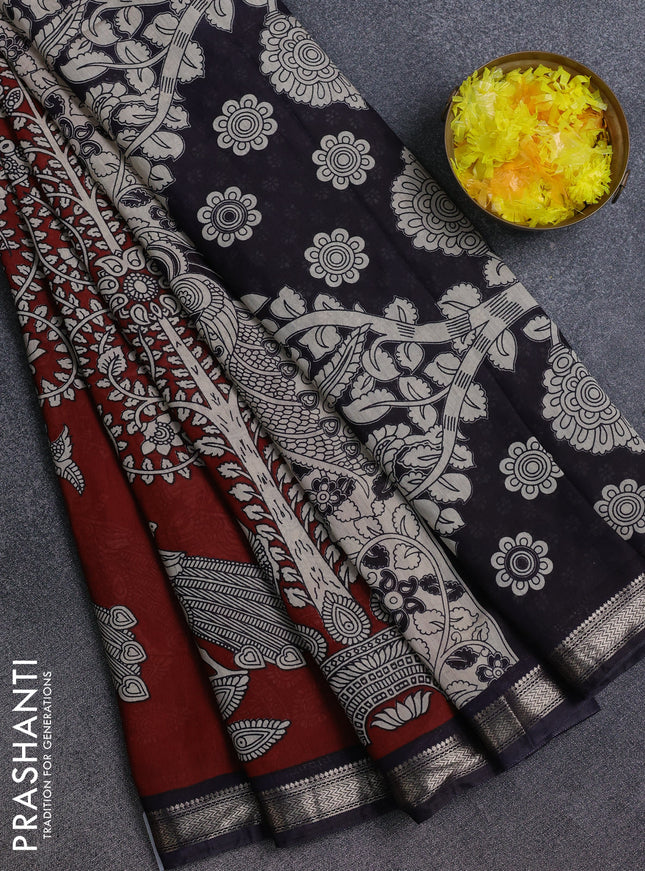 Muslin silk saree rust shade and black with allover kalamkari prints and zari woven border