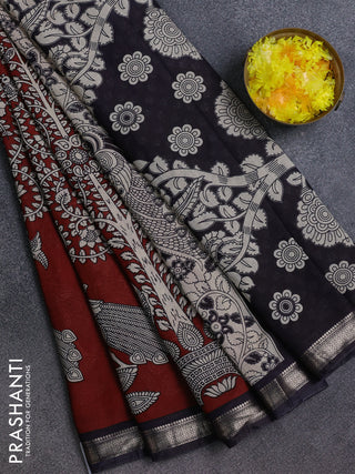 Muslin silk saree rust shade and black with allover kalamkari prints and zari woven border