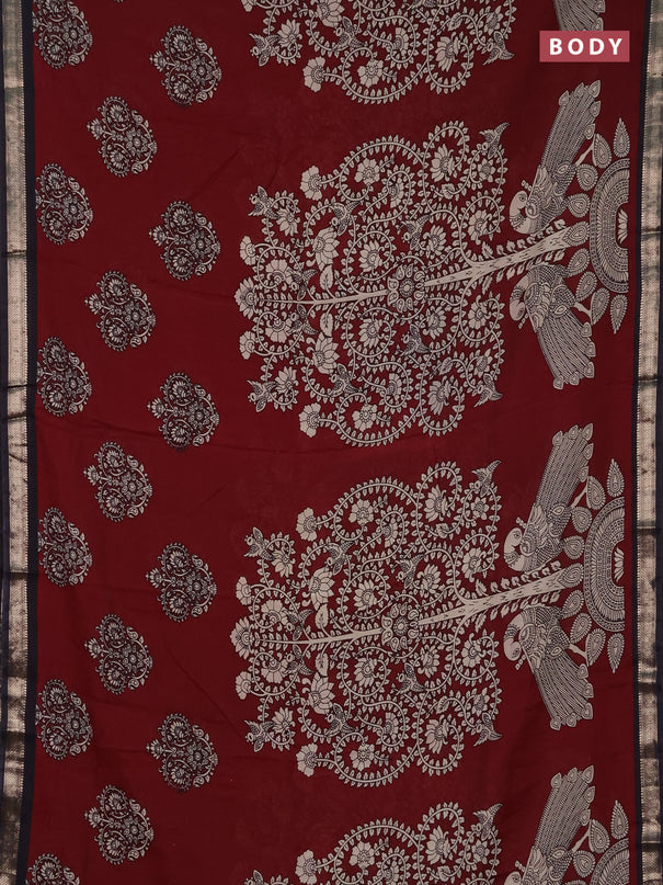 Muslin silk saree rust shade and black with allover kalamkari prints and zari woven border