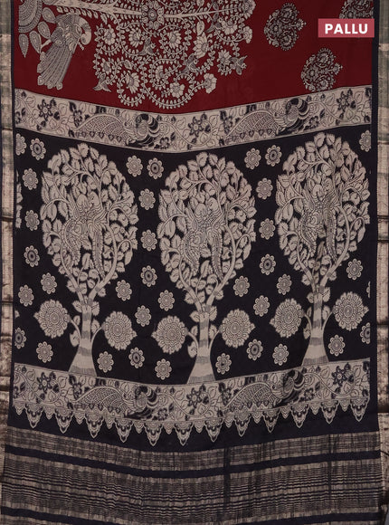 Muslin silk saree rust shade and black with allover kalamkari prints and zari woven border
