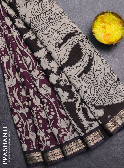Muslin silk saree wine shade and black with allover kalamkari prints and zari woven border