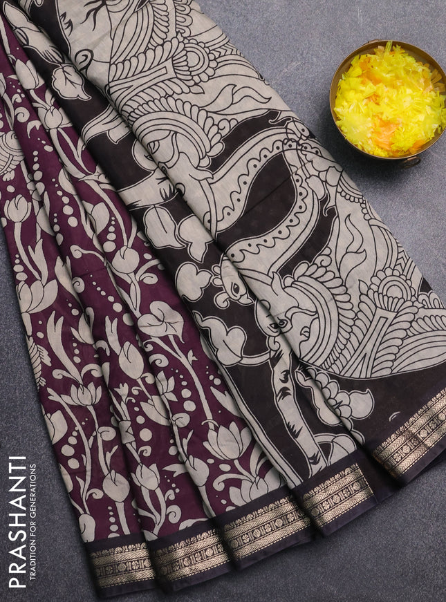 Muslin silk saree wine shade and black with allover kalamkari prints and zari woven border