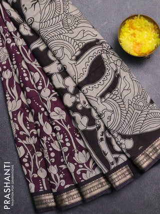 Muslin silk saree wine shade and black with allover kalamkari prints and zari woven border