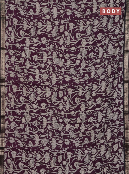 Muslin silk saree wine shade and black with allover kalamkari prints and zari woven border