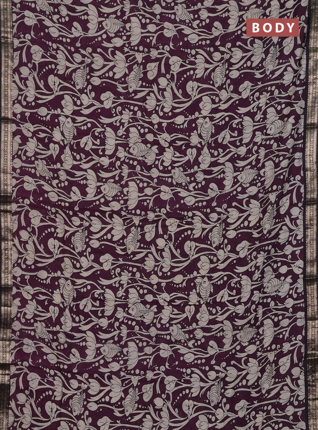 Muslin silk saree wine shade and black with allover kalamkari prints and zari woven border