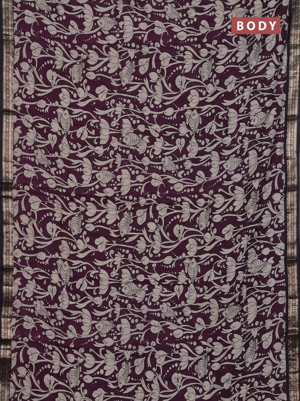 Muslin silk saree wine shade and black with allover kalamkari prints and zari woven border