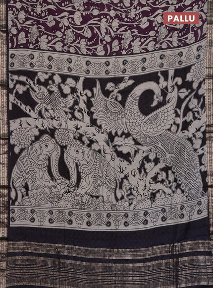 Muslin silk saree wine shade and black with allover kalamkari prints and zari woven border