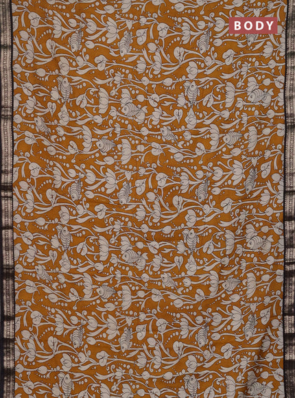 Muslin silk saree mustard yellow and black with allover kalamkari prints and zari woven border