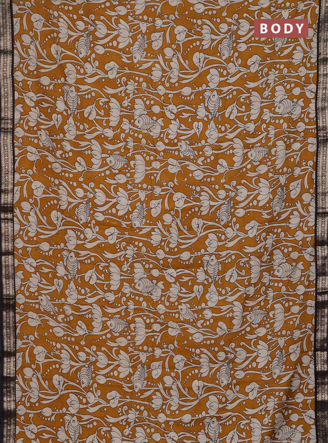 Muslin silk saree mustard yellow and black with allover kalamkari prints and zari woven border