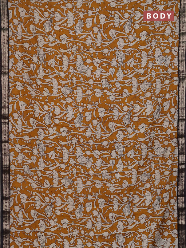 Muslin silk saree mustard yellow and black with allover kalamkari prints and zari woven border
