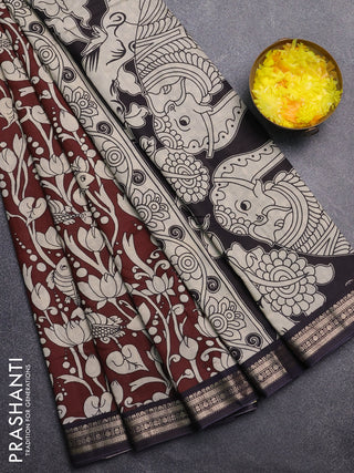 Muslin silk saree coffee brown and black with allover kalamkari prints and zari woven border
