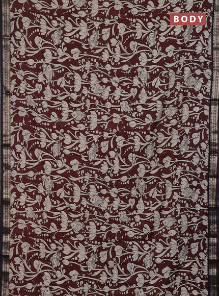 Muslin silk saree coffee brown and black with allover kalamkari prints and zari woven border