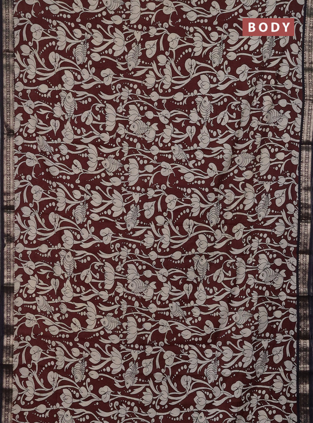 Muslin silk saree coffee brown and black with allover kalamkari prints and zari woven border