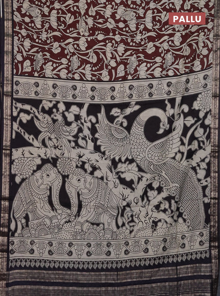 Muslin silk saree coffee brown and black with allover kalamkari prints and zari woven border