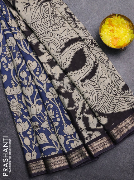 Muslin silk saree blue and black with allover kalamkari prints and zari woven border