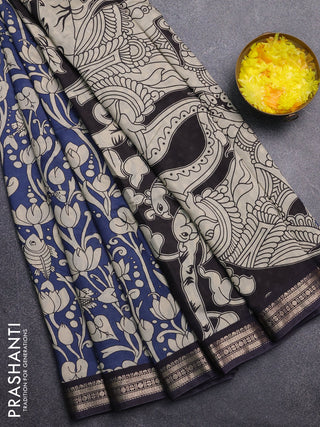 Muslin silk saree blue and black with allover kalamkari prints and zari woven border