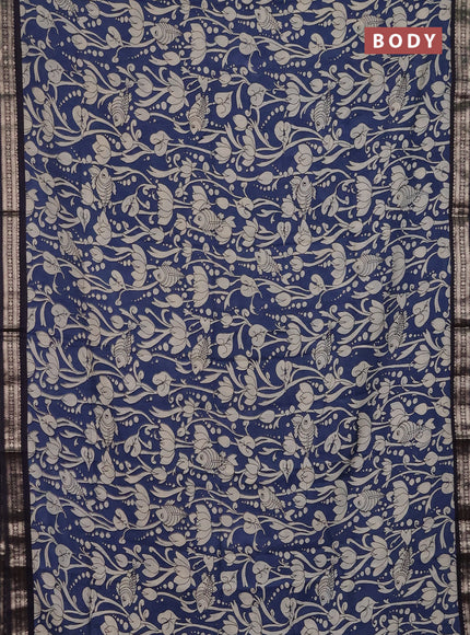 Muslin silk saree blue and black with allover kalamkari prints and zari woven border