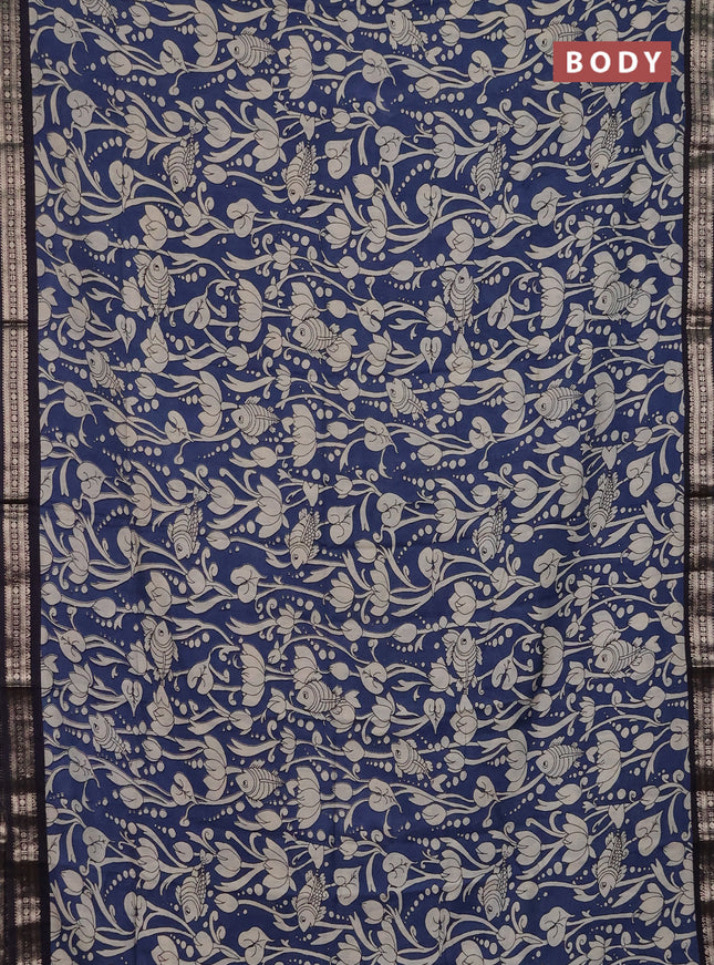 Muslin silk saree blue and black with allover kalamkari prints and zari woven border