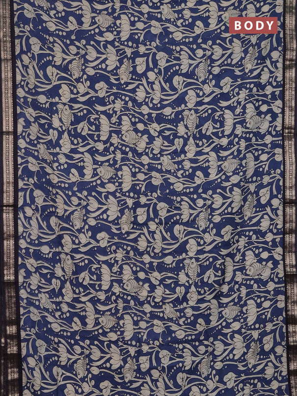 Muslin silk saree blue and black with allover kalamkari prints and zari woven border