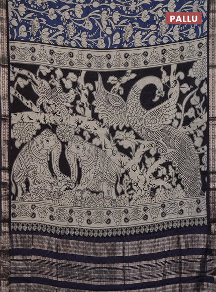 Muslin silk saree blue and black with allover kalamkari prints and zari woven border