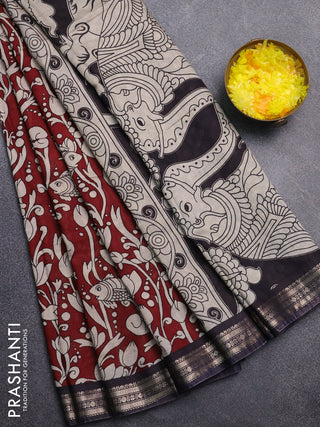 Muslin silk saree deep maroon and black with allover kalamkari prints and zari woven border