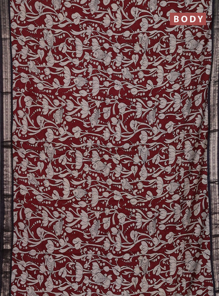 Muslin silk saree deep maroon and black with allover kalamkari prints and zari woven border