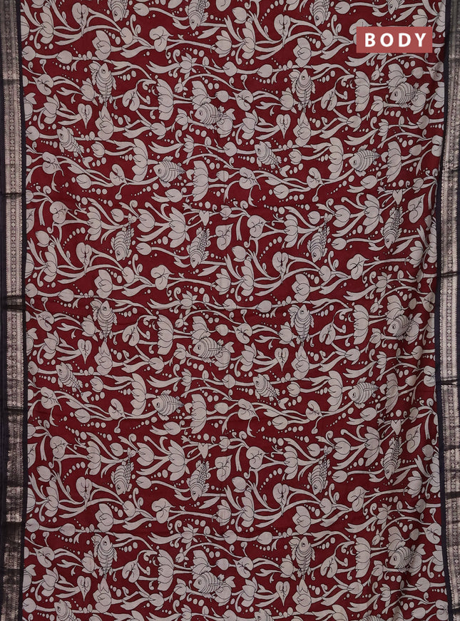 Muslin silk saree deep maroon and black with allover kalamkari prints and zari woven border