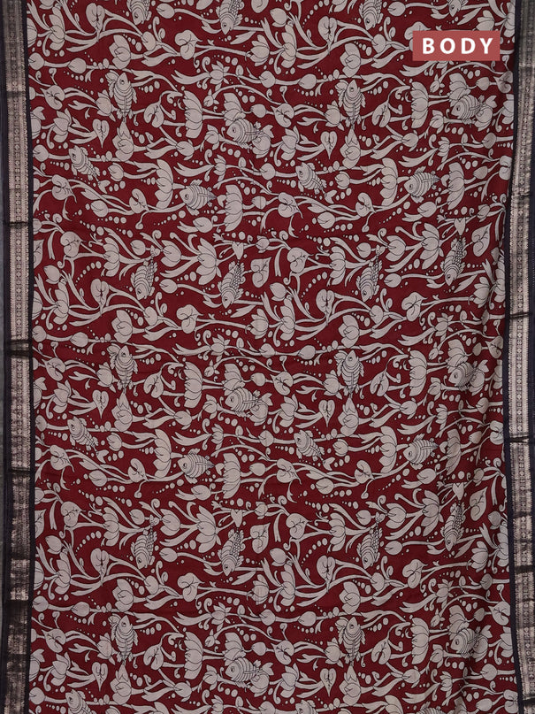 Muslin silk saree deep maroon and black with allover kalamkari prints and zari woven border