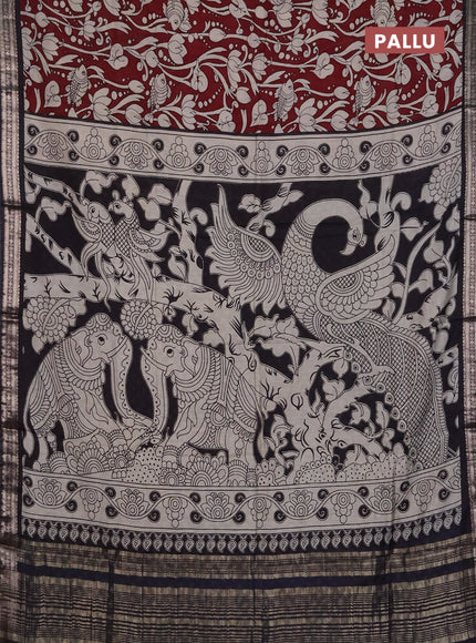 Muslin silk saree deep maroon and black with allover kalamkari prints and zari woven border