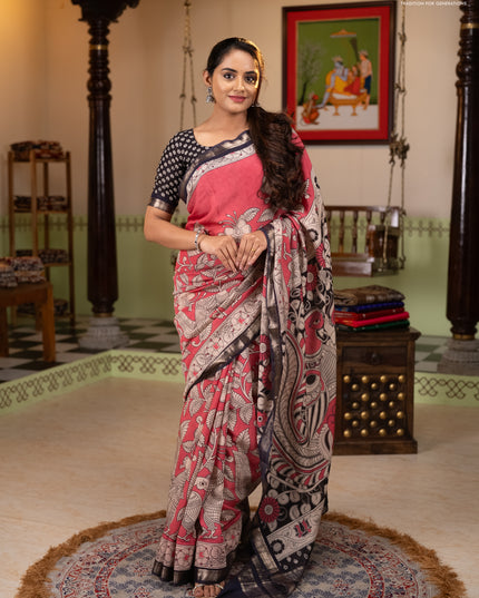 Muslin silk saree candy pink and black with allover kalamkari prints and zari woven border