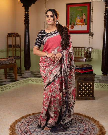Muslin silk saree candy pink and black with allover kalamkari prints and zari woven border