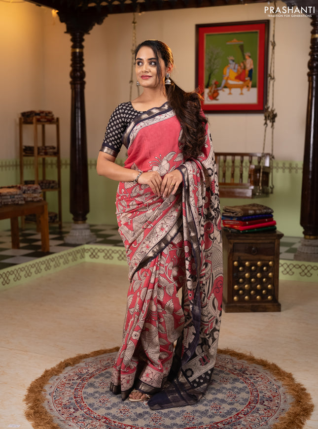 Muslin silk saree candy pink and black with allover kalamkari prints and zari woven border