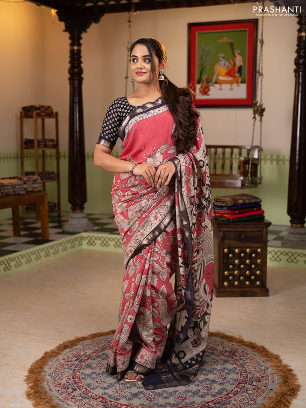 Muslin silk saree candy pink and black with allover kalamkari prints and zari woven border