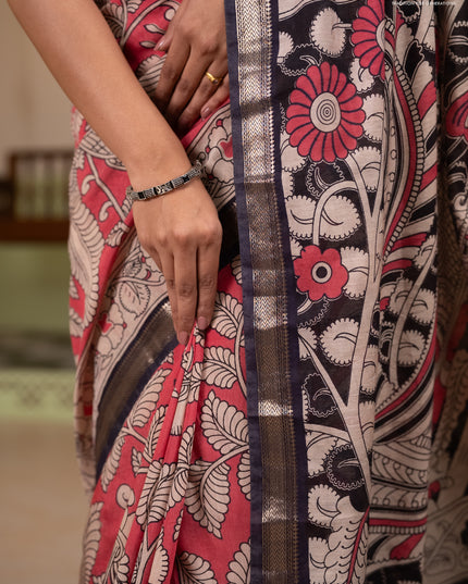 Muslin silk saree candy pink and black with allover kalamkari prints and zari woven border