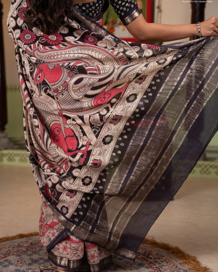 Muslin silk saree candy pink and black with allover kalamkari prints and zari woven border