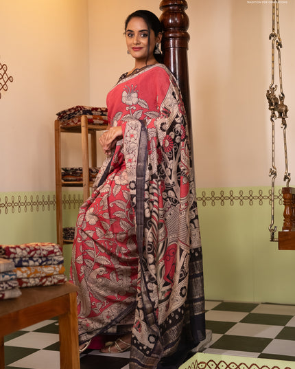 Muslin silk saree candy pink and black with allover kalamkari prints and zari woven border