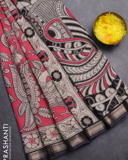 Muslin silk saree candy pink and black with allover kalamkari prints and zari woven border