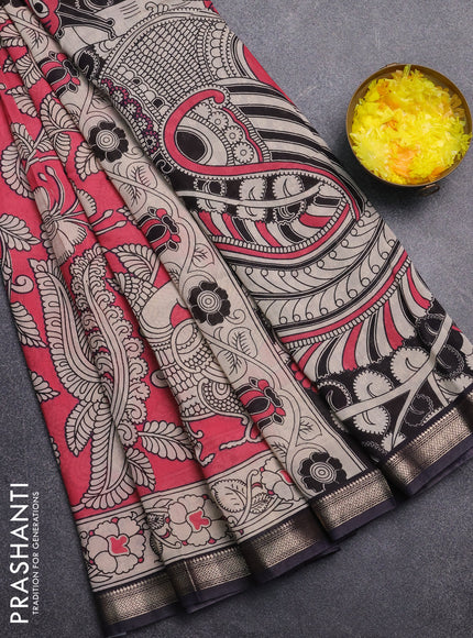 Muslin silk saree candy pink and black with allover kalamkari prints and zari woven border
