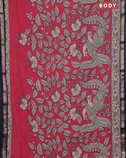 Muslin silk saree candy pink and black with allover kalamkari prints and zari woven border
