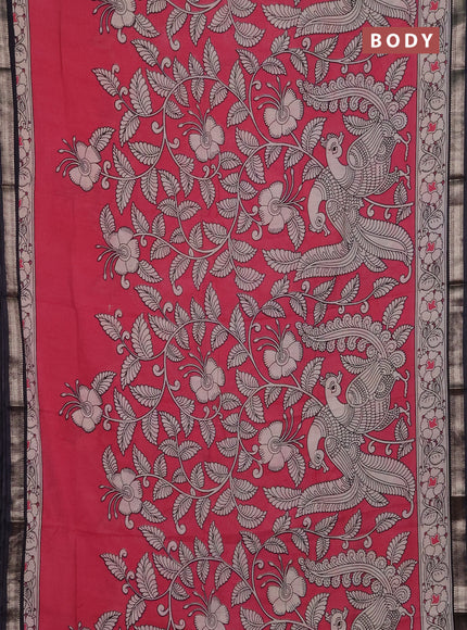 Muslin silk saree candy pink and black with allover kalamkari prints and zari woven border