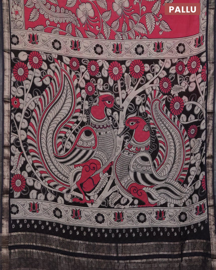 Muslin silk saree candy pink and black with allover kalamkari prints and zari woven border