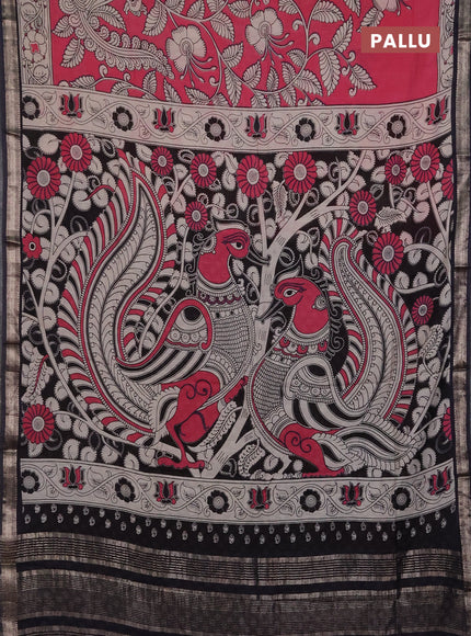 Muslin silk saree candy pink and black with allover kalamkari prints and zari woven border