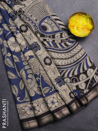 Muslin silk saree peacock blue and black with allover kalamkari prints and zari woven border