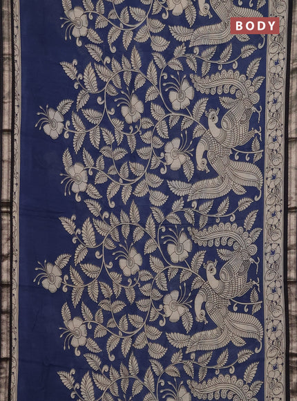 Muslin silk saree peacock blue and black with allover kalamkari prints and zari woven border