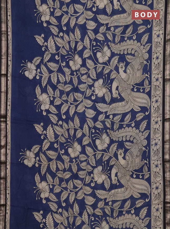 Muslin silk saree peacock blue and black with allover kalamkari prints and zari woven border