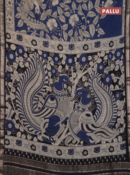 Muslin silk saree peacock blue and black with allover kalamkari prints and zari woven border