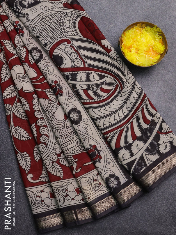Muslin silk saree deep maroon and black with allover kalamkari prints and zari woven border