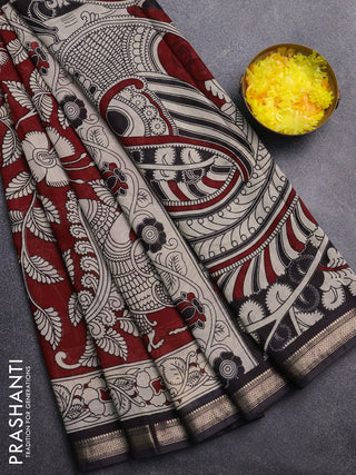 Muslin silk saree deep maroon and black with allover kalamkari prints and zari woven border