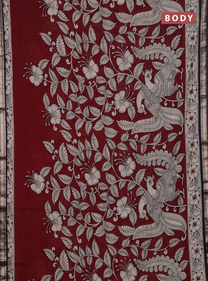Muslin silk saree deep maroon and black with allover kalamkari prints and zari woven border